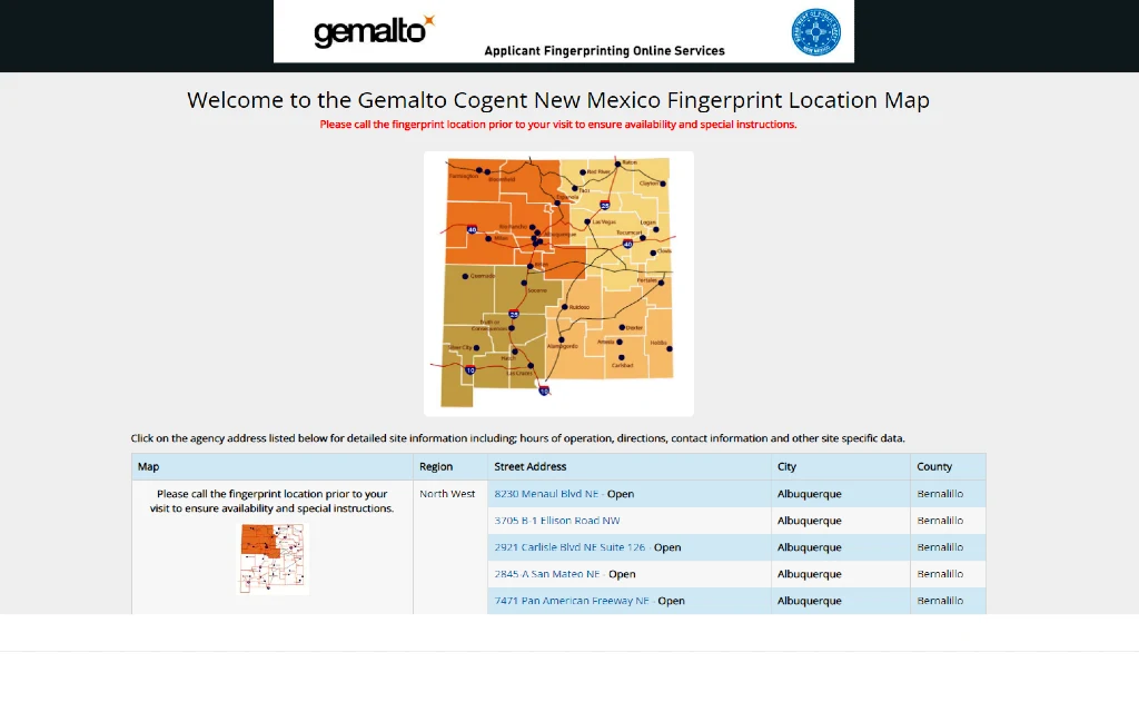 New Mexico fingerprint location map used to take fingerprints for New Mexico public records searches and to find perform a free warrant check in New Mexico. 