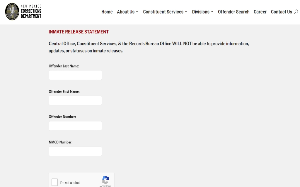 New Mexico Department of Corrections inmate search portal with release statement for performing a free inmate search in New Mexico. 