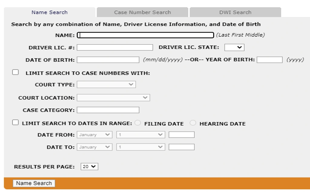 Screenshot of NM court search portal page for finding free divorce records in New Mexico. 
