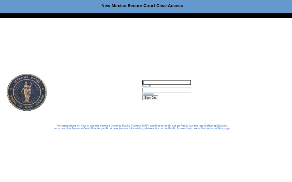 Webiste for finding free New Mexico marriage records in the secure court case access portal with boxes for user id and password login buttons. 