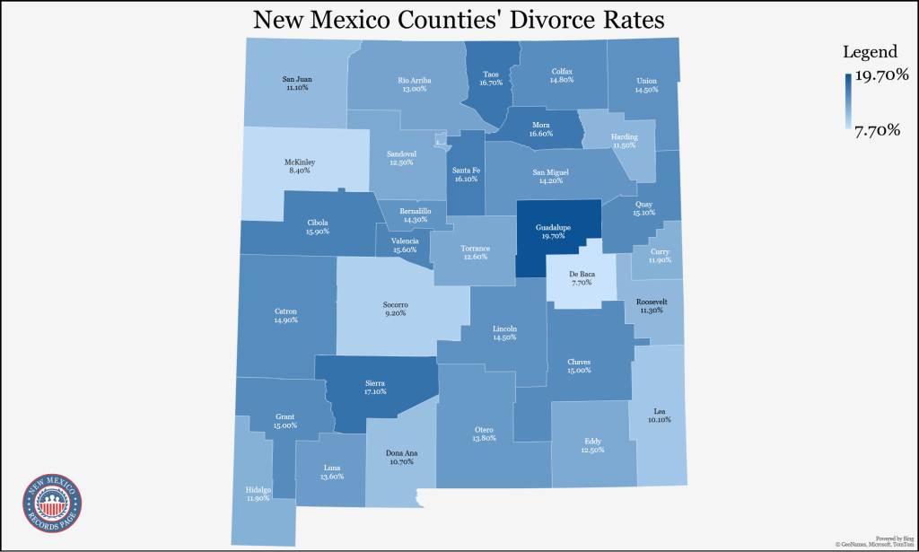 The divorce population rates for each county in New Mexico are shown on a map and are based on projections from the Census Bureau (five-year estimates in 2021).