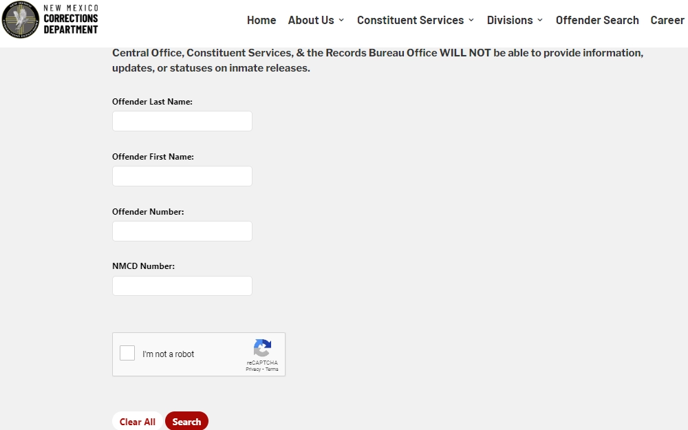 A screenshot of the New Mexico Department of Corrections offender search page, a searcher must provide the inmate's first or last name, NMDC no., or offender number to perform a search; the Department logo at the top left corner.