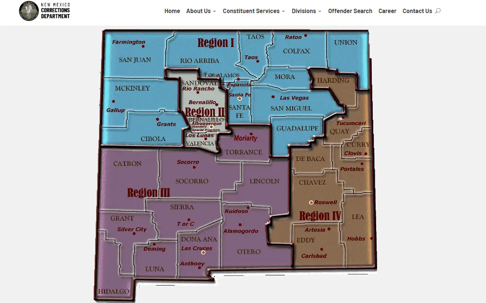 A screenshot of the outlined map of New Mexico highlighting its four regions, which can be classified by color, including the New Mexico Department of Corrections logo at the top left corner.