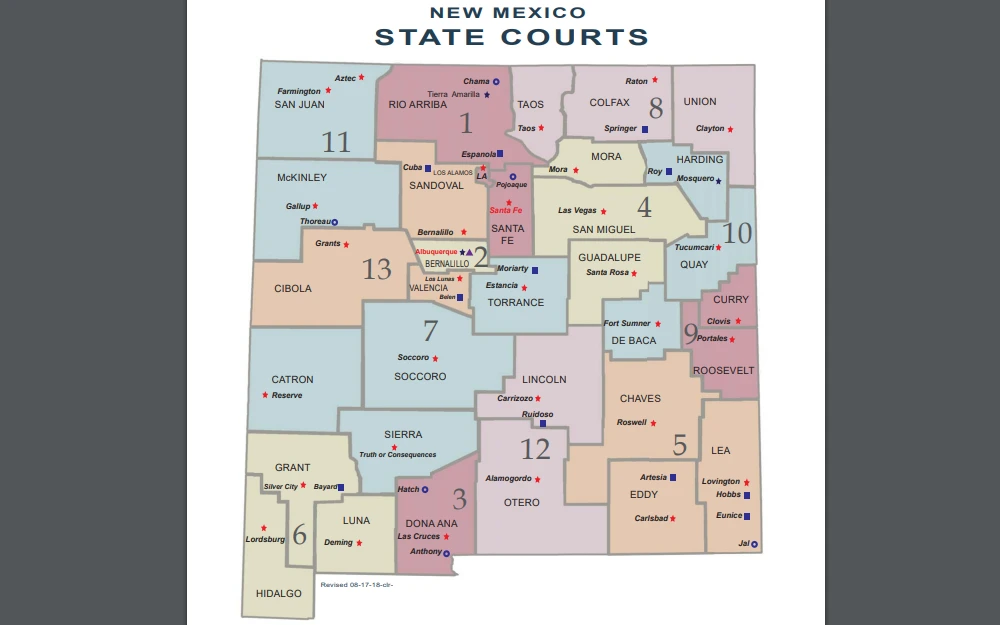 A screenshot of the New Mexico State Courts page showcases their outlined map, which shows the location of their 13 judicial districts to inform what court their county belongs to.