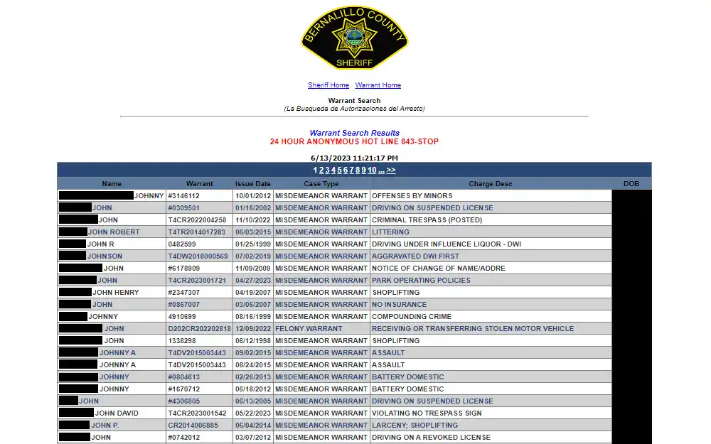 A screenshot from Bernalillo County showing the result from the warrant search page contains the offender's full name, warrant no., issue date, case type, charge description, and DOB; the county logo is at the top of the page.