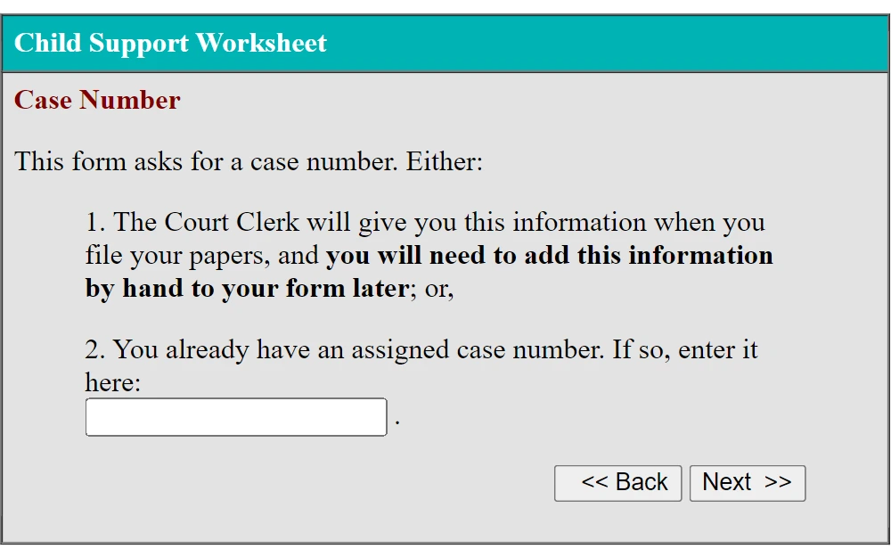 Screenshot of the first part of the child support worksheet with field for case number.