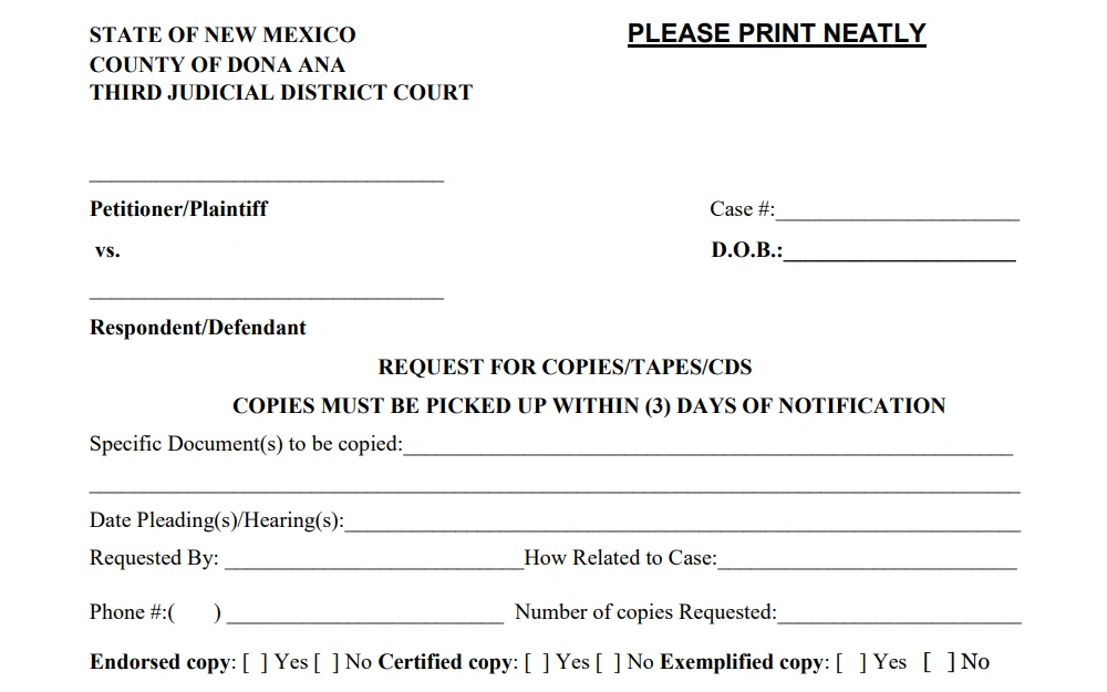 Screenshot of the copy request form showing fields for both parties' names, case number, requested documents, hearing dates, and requester information.