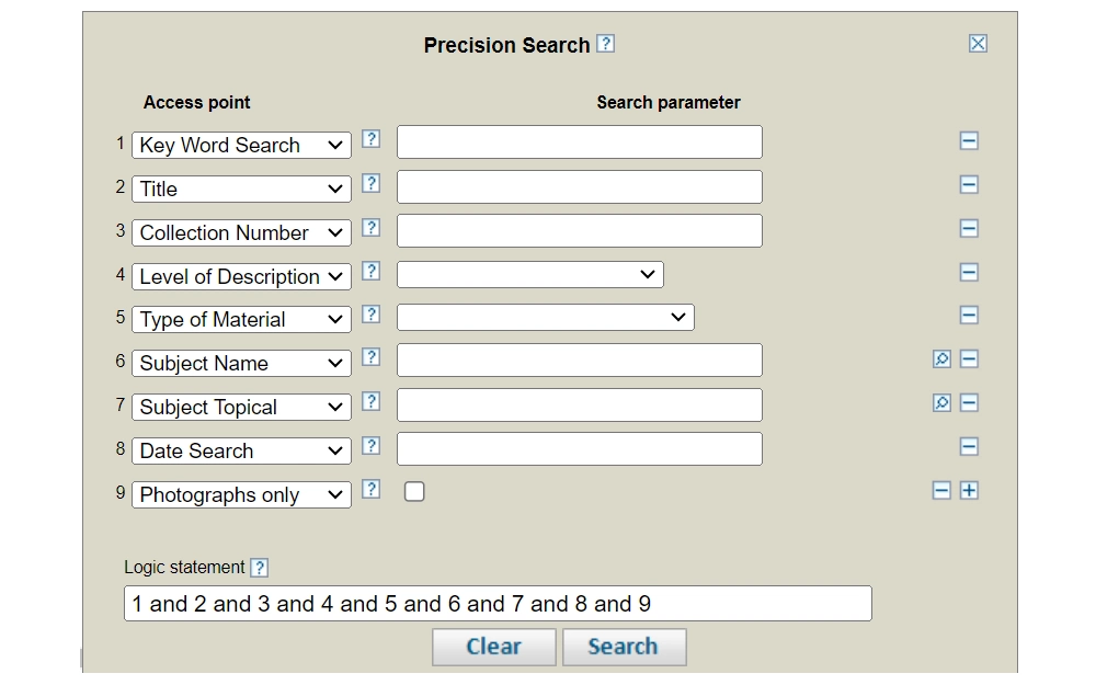 Screenshot of an archive search interface with fields for keyword, title, collection number, description level, material type, subject names and topics, date search, and photograph.