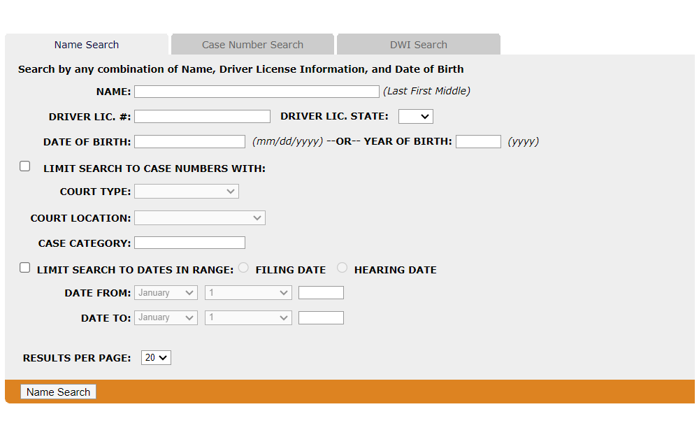 Screenshot of a case search tool with a tab for name search, including fields for full name, birthdate, driver's license number, court type (optional), court location (optional), case type, and optional date range.