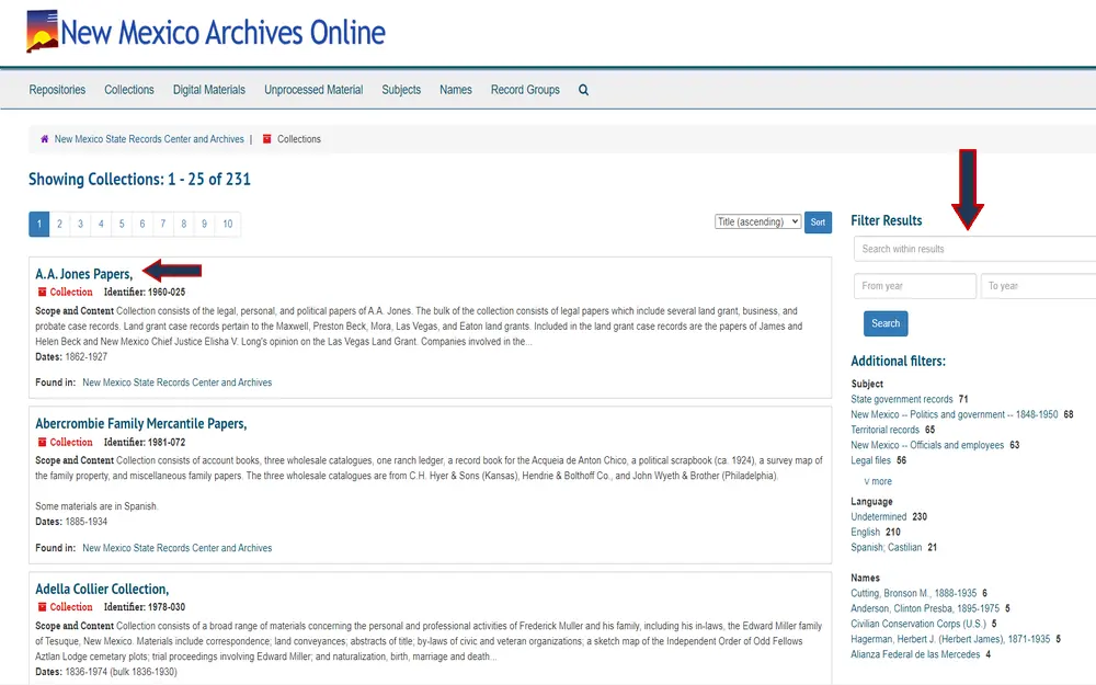 A web page from an archival database, listing historical collections with detailed descriptions and identifiers, such as personal papers and mercantile records, available for research at a state records center and archives, with search and filter options to aid in navigation.