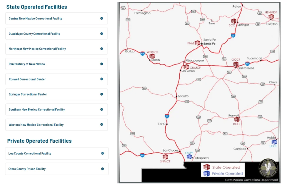 A screenshot of prison facilities such as state operated and private operated facilities, and a visualization map from the New Mexico Corrections Department website.