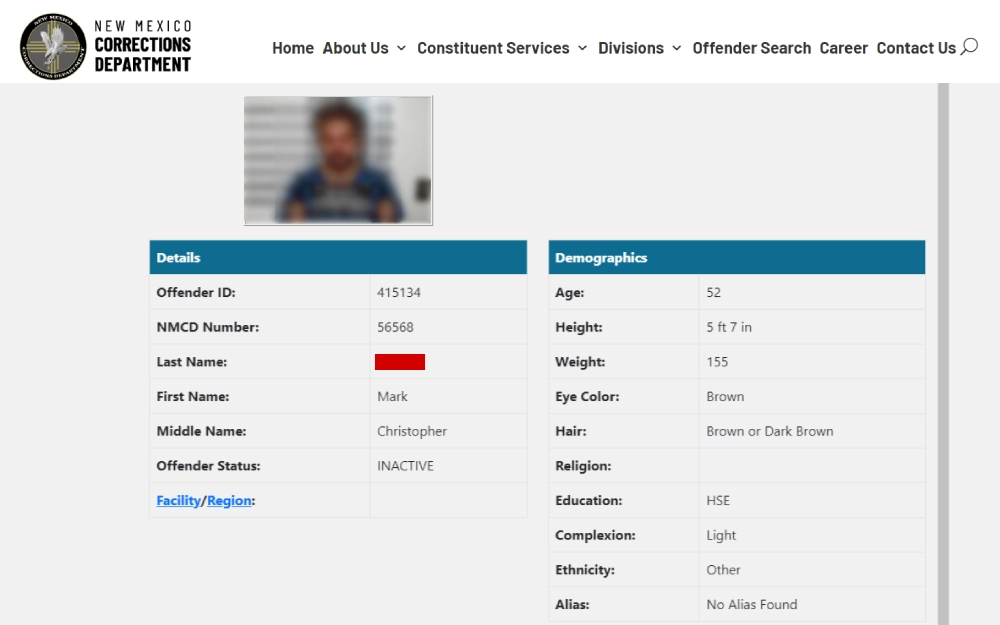 A screenshot of an offender information displaying a mugshot photo, offender ID, NMCD number, age first, middle and last name, height, weight, offender status, eye color, hair, religion, education and other information.