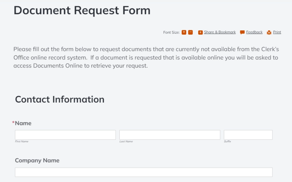 An online form from a Clerk's Office for requesting documents not readily available in the online record system, with fields for the requester's name, company, email, and phone number, along with instructions for retrieving the requested documents through their online service.