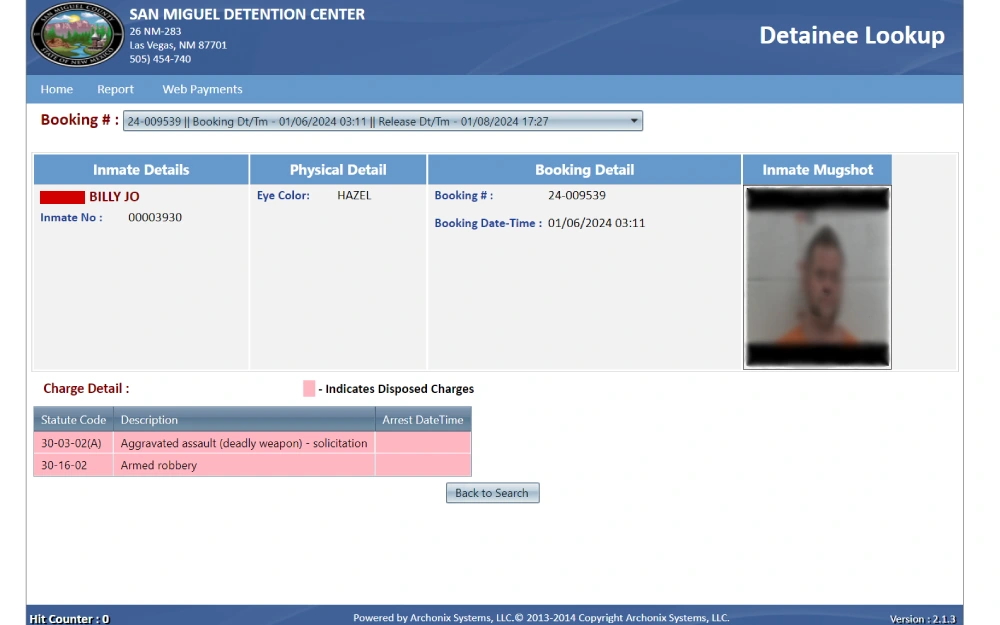 A detainee's electronic record from a detention center's database, displaying the inmate's name, identification number, eye color, booking number, booking and release dates, along with a mugshot and listed charges including statute codes and descriptions.