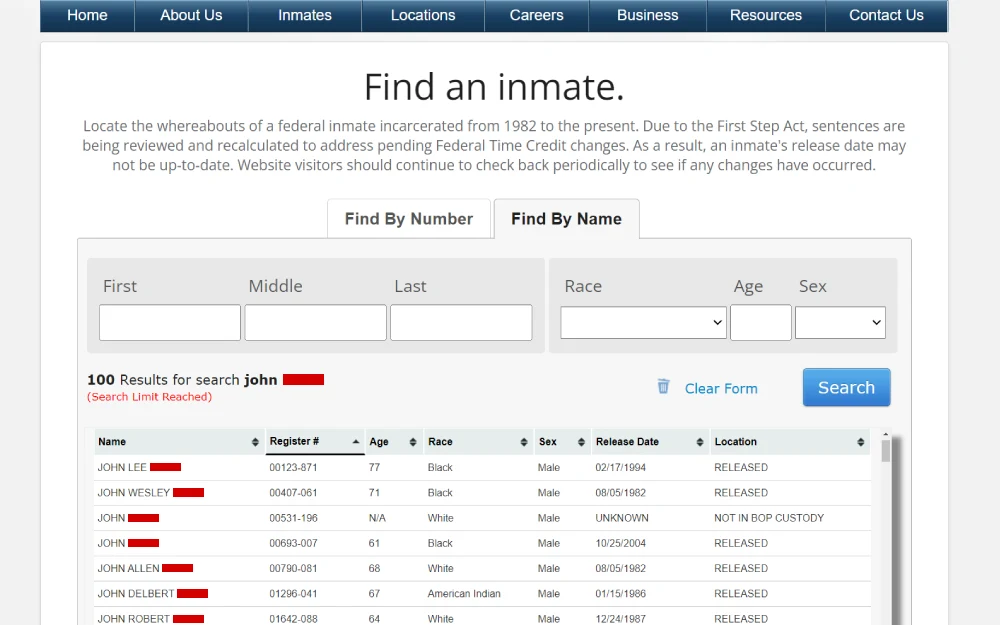 A screenshot of an inmate locator web page with a search form and a table listing results with numerical identifiers, age, racial background, gender, release dates, and current status, with a notification on the implementation of legislative changes affecting sentence calculations.