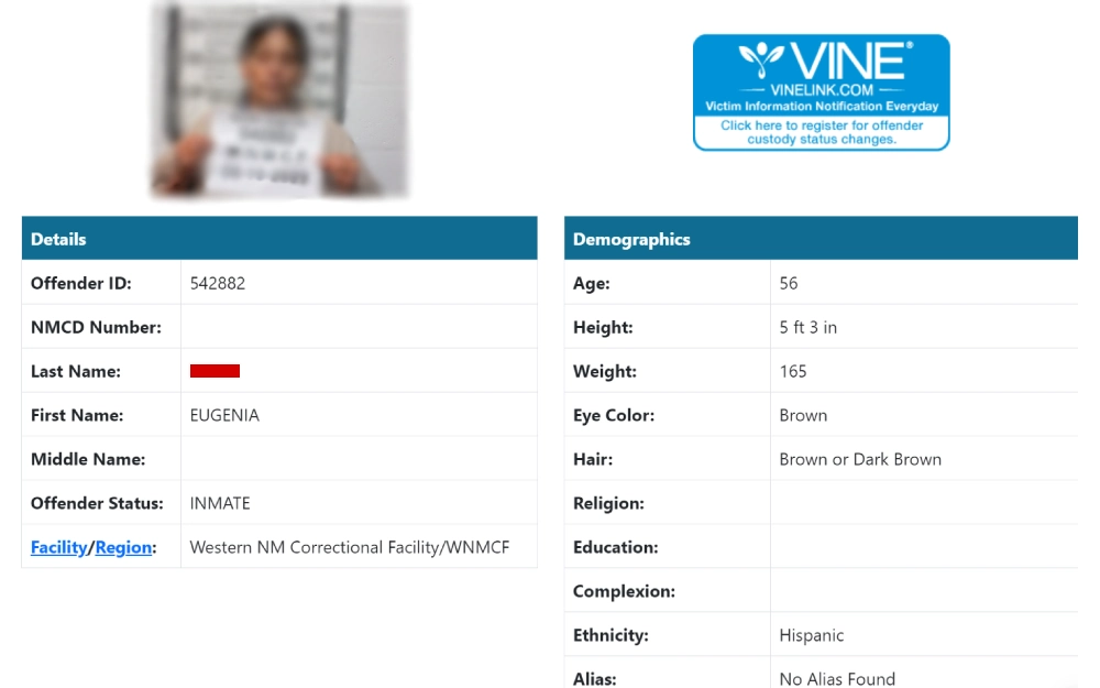 A screenshot of a web-based inmate information system detailing personal and demographic information of a female inmate, including her name, offender ID, physical characteristics such as age, height, weight, eye and hair color, religious preference, education, complexion, ethnicity, and facility location, alongside a mugshot-style photograph with height markers in the background.