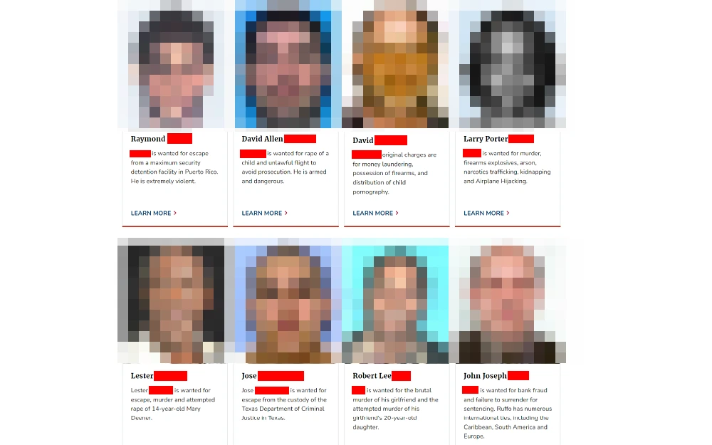 A screenshot showing the fifteen most wanted fugitives showing mugshot photo, full name and the charge description from the U.S. Marshals Service website.