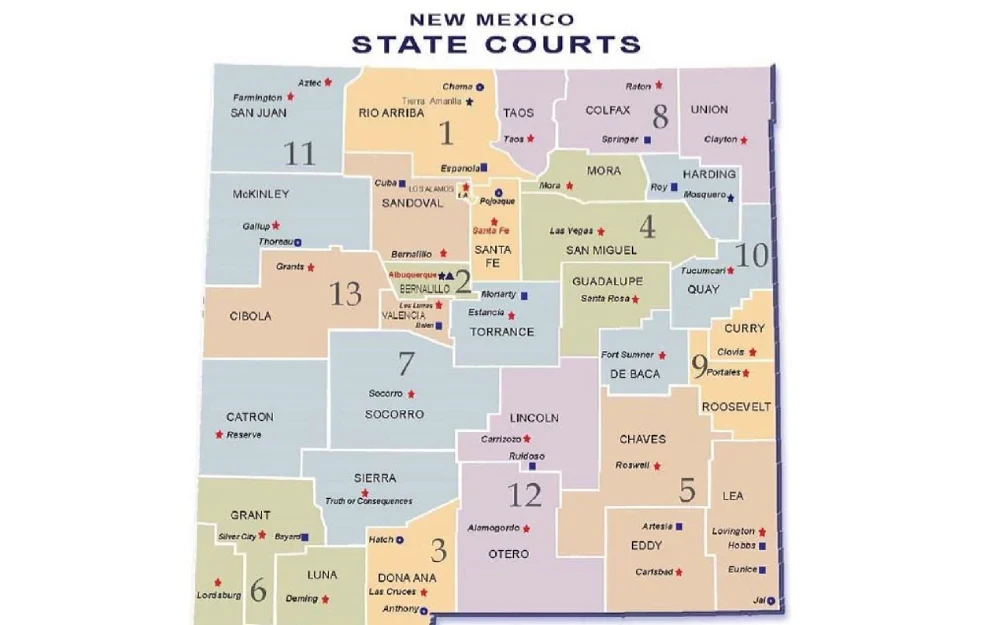 A screenshot showing a visual map of the New Mexico state courts showing locations such as San Juan, Rio Arriba, Taos, Colfax, Mckinley, Cibola, Catron, Lincoln and others.