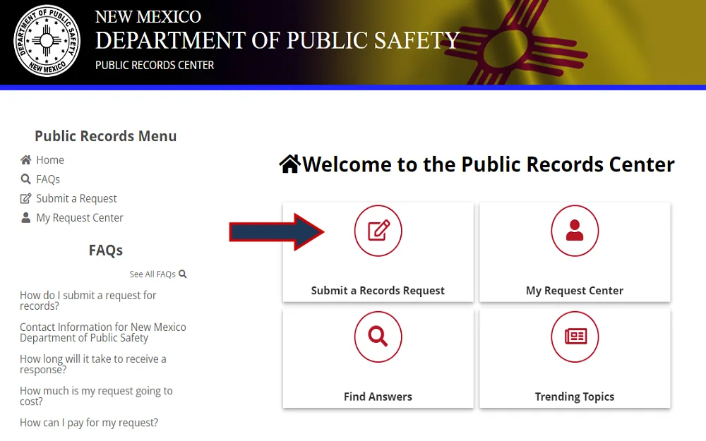 A screenshot of a public records center with menu options such as submit a records request, my request center, find answers, and trending topics from the New Mexico Department of Public Safety website.