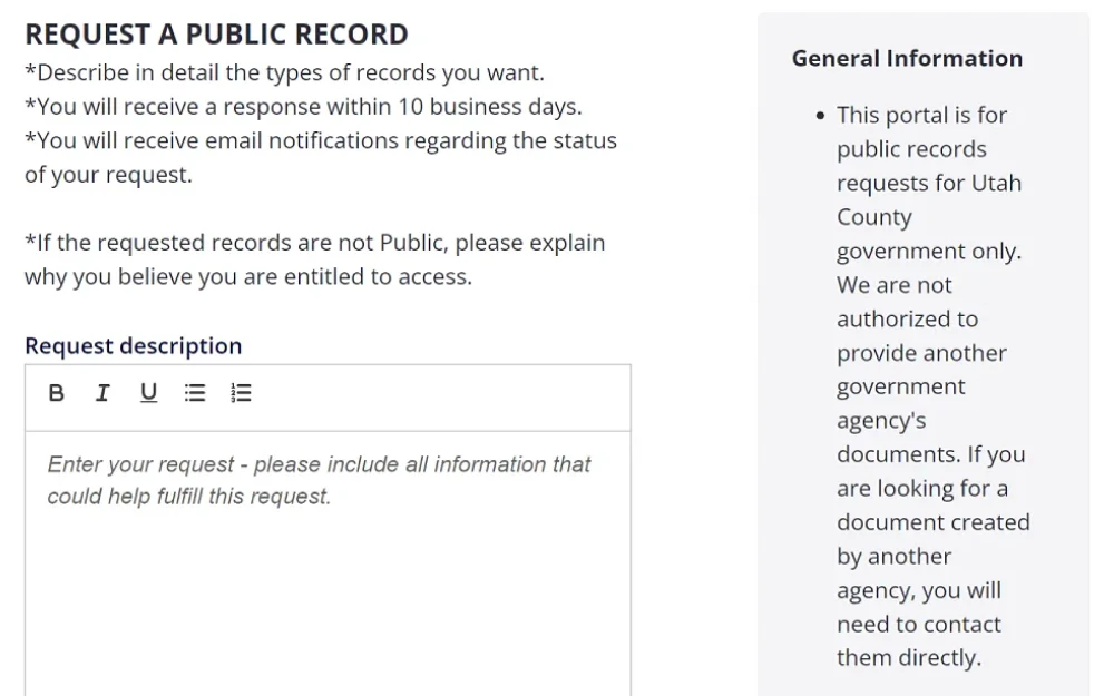A screenshot showing a request for a public record online form from the New Mexico Department of Justice website displaying instructions regarding the detailed description of the type of records and process information and a box to be filled in with a request description.