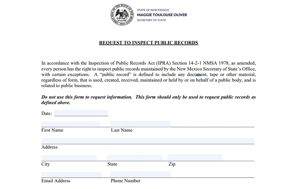 A screenshot displays a request to inspect public records, showing information to be filled in, such as date, first and last name, address, city, state, zip code, email address, phone number, and others.