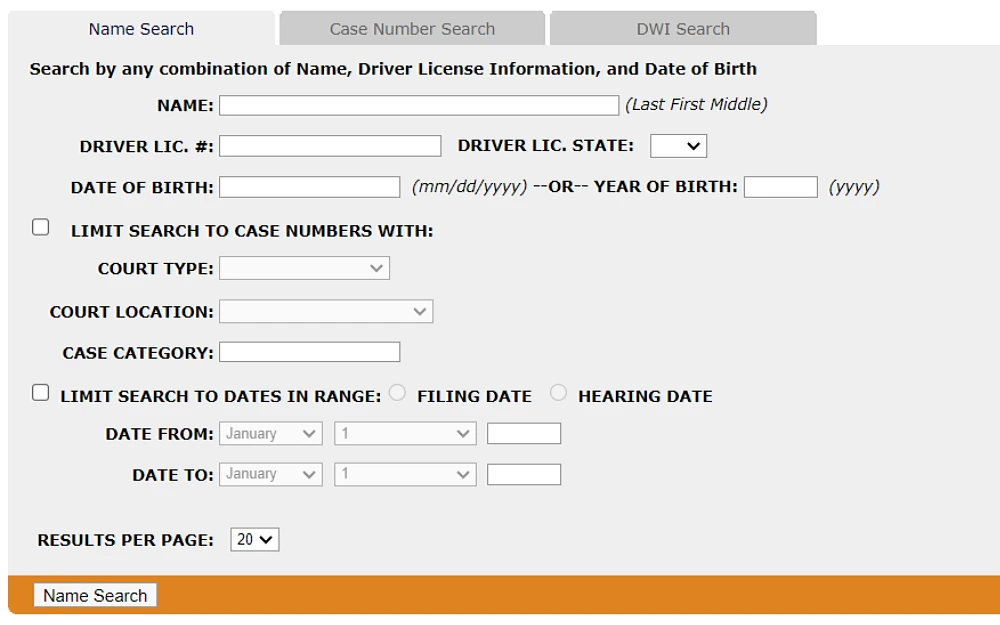 A screenshot showing a court case lookup using criteria such as name, driver's license, date of birth, year of birth, court location, and case category from the New Mexico Courts website.