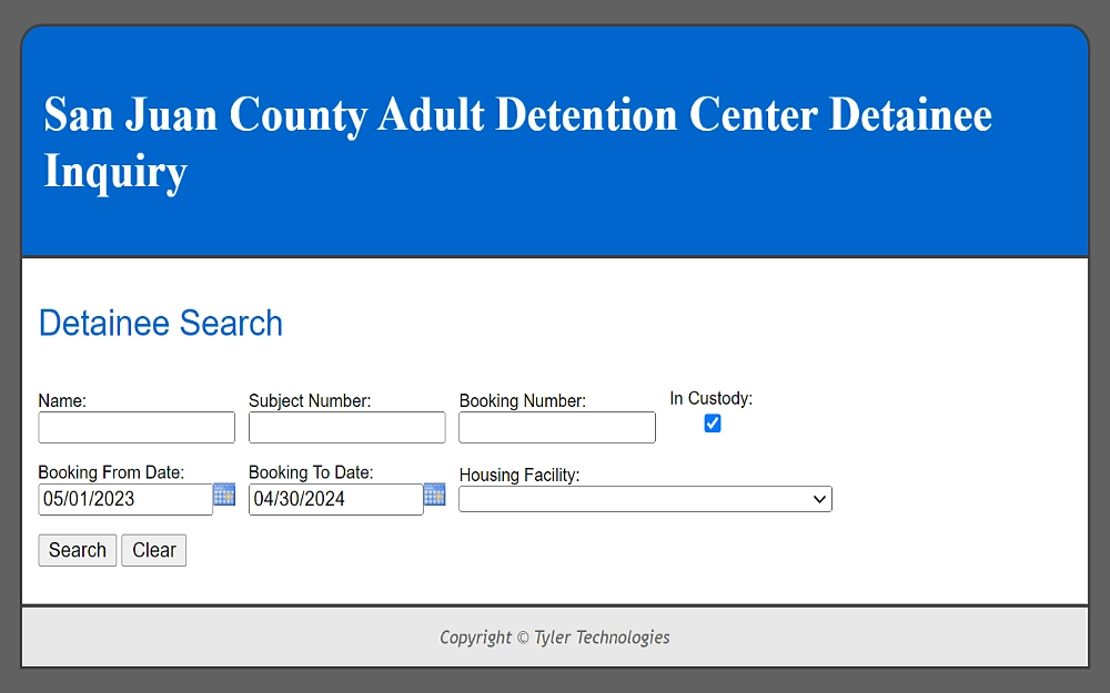 A screenshot displaying a San Juan County Adult Detention Center detainee inquiry search by name, subject number, booking number, booking date duration and housing facility.