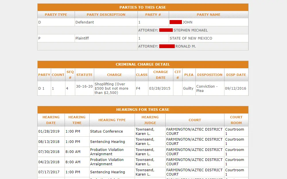 Screenshot from the New Mexico Courts Case Lookup tool displaying a case detail of an offender on probation including three of the six sections: case parties (party type, description number, and name); criminal charge detail (party type, count, sequence number, statute, charge, class, charge date, CIT number, plea, disposition, and disposition date); and hearings (hearing date, time, type, judge, court, and court room).