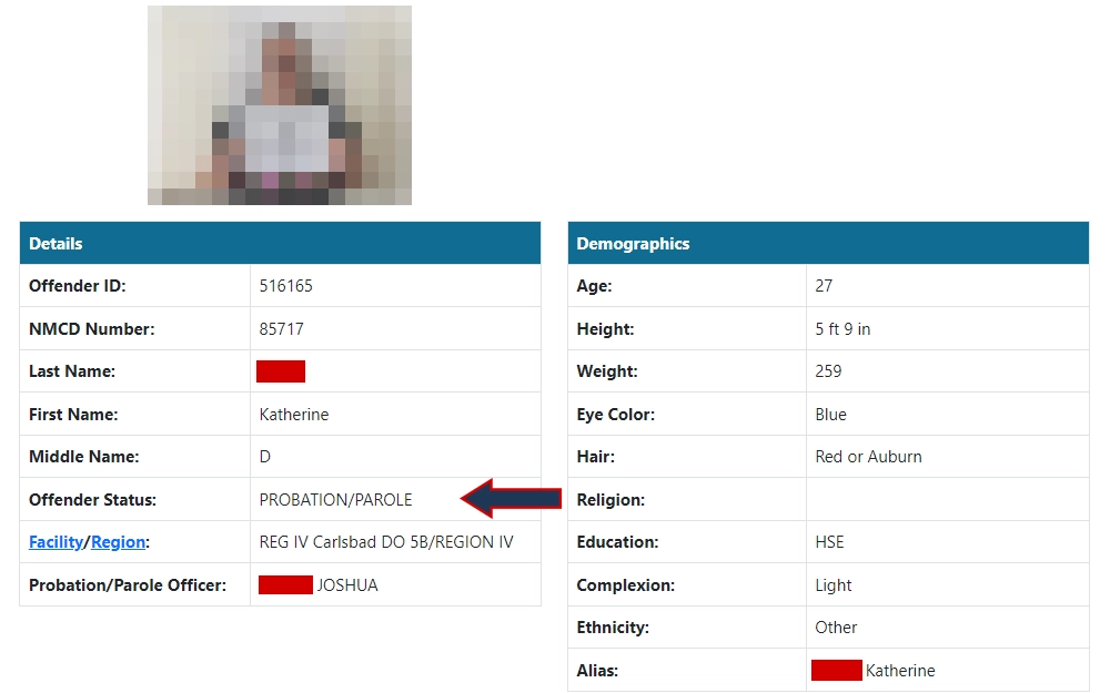 Screenshot of the details of an offender under probation/parole from the database held by the New Mexico Corrections Department, including the mugshot, offender ID, NMCD number, full name, offender status, facility/region, supervision officer, age, height, weight, eye and hair colors, religion, education, complexion, ethnicity, and alias.