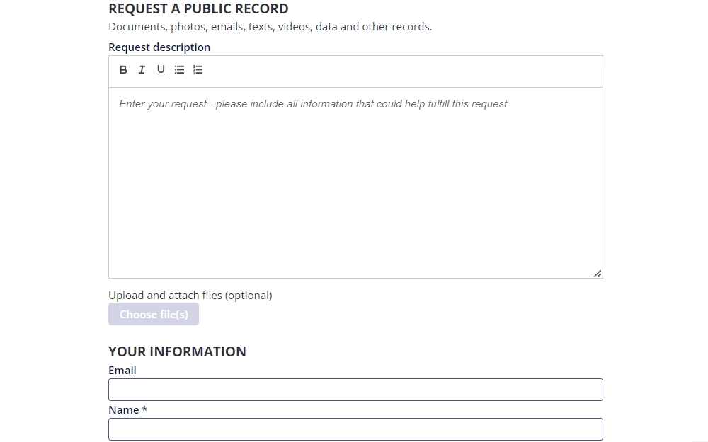 Screenshot of the online request form for public records from Santa Fe County, New Mexico, displaying two sections starting with the generous text box space provided for the request description followed by the requestor's information with fields for email and name.