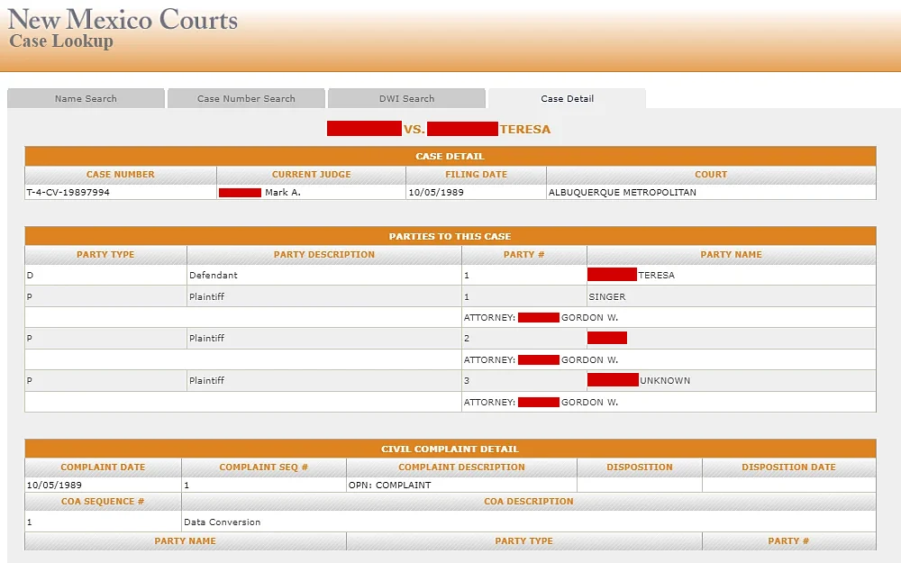 A screenshot from the New Mexico Courts case lookup page, showing the result from a case details search option which contains the case details: case number, current judge, filing date, and court, also including the parties involved in the case: party type, descriptions, number, and name.