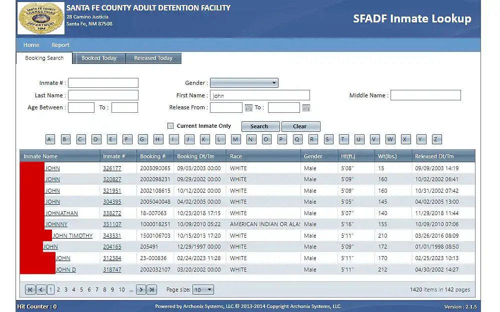 A screenshot of search results from the Santa Fe County Adult Detention Facility page, which contains the inmate's list, organized in columns: inmate full name, inmate number, booking no., race, gender, height and weight, and the offender's release date and time; the department logo is in the upper left corner.