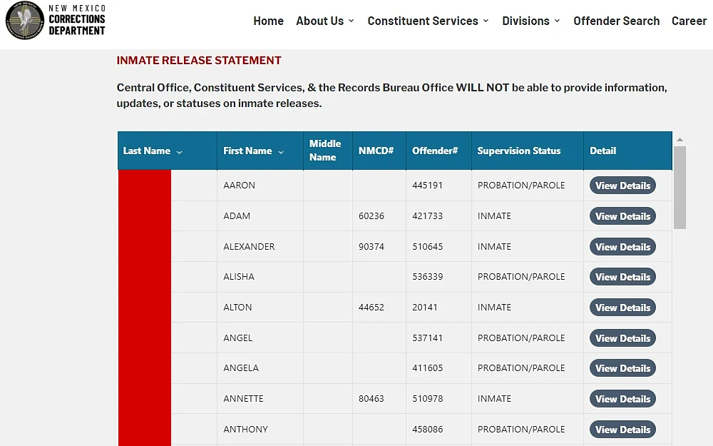 Screenshot from the New Mexico Corrections Department showing the search result from an offender search, which contains the inmate's full name, NMCD no., offender no., supervision status, and the details, which can be viewed by hitting the button; also included the Department's logo at the top left corner.