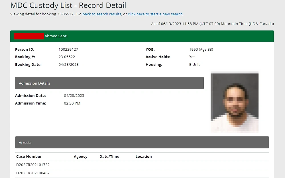 A screenshot of an inmate's details from Bernalillo County with their offender's full name, person ID, booking number and date, YOB, mugshot, and admission and offense details.